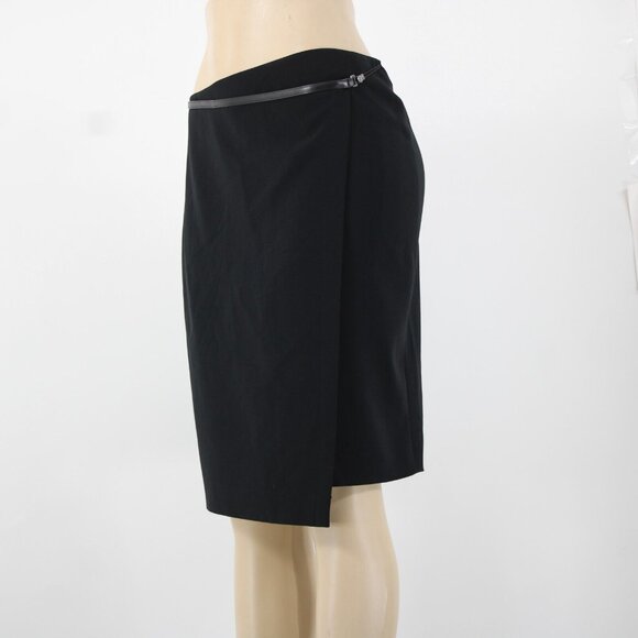'S MaxMara Sz 6 Black Leather Trim Faux Wrap Triacetate Lined Polyester Skirt - Picture 15 of 16